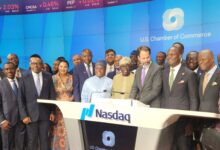 The President Bola Ahmed Tinubu, (Middle), flanked by the Minister for Industry, Trade and Investment, Dr Doris Uzoka-Anite; Chairman, Coronation Capital, Aigboje Aig-Imoukhuede, CON; Chairman, Nigerian Exchange Group, Alhaji Dr Umaru Kwairanga (R); President, U.S. Africa Business Center, Sr. Vice President, U.S. Chamber of Commerce, Mr. Scott Eisner; Chief Executive Officer, Nigerian Exchange Limited (L), Mr Temi Popoola and Minister of Finance and CME, Mr. Wale Edun during the Closing Bell Ceremony at NASDAQ Headquarters, New York.