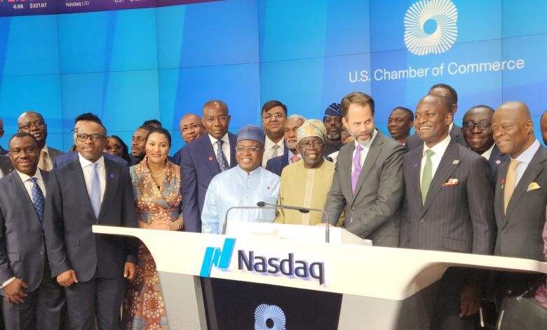 The President Bola Ahmed Tinubu, (Middle), flanked by the Minister for Industry, Trade and Investment, Dr Doris Uzoka-Anite; Chairman, Coronation Capital, Aigboje Aig-Imoukhuede, CON; Chairman, Nigerian Exchange Group, Alhaji Dr Umaru Kwairanga (R); President, U.S. Africa Business Center, Sr. Vice President, U.S. Chamber of Commerce, Mr. Scott Eisner; Chief Executive Officer, Nigerian Exchange Limited (L), Mr Temi Popoola and Minister of Finance and CME, Mr. Wale Edun during the Closing Bell Ceremony at NASDAQ Headquarters, New York.