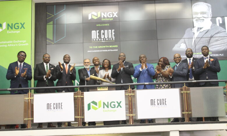 L – R: Oluwatoyin Adenugba, Head, Rules and Adjudication, NGX Regulation; Jude Chiemeka, Executive Director, Capital Markets, Nigerian Exchange Limited (NGX); Temi Popoola, Chief Executive Officer, NGX; Samir Udani , Chairman, Mecure Industries Plc; Felix Anaje, Executive Director, Sales and Marketing, Mecure Industries Plc; Dukor Anderline - Co-CEO, Mecure Industries Plc; Ifedamola Oluwasegun – Chief Finance Officer, Mecure Industries Plc; Tony Ibeziako, Head, Primary Market, NGX; Ayo Owoigbe, Director, Mecure Industries Plc; Femi Ademola, Cordros Securities; Benson Ogundeji, Executive Director, Greenwich Capital and Olufemi Oyenuga, Chief Digital Officer, NGX during the Listing by Introduction of Mecure Industries Plc on the Growth Board of NGX in Lagos on Wednesday.
